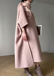 Women Pink O-Neck Pockets Patchwork Wool Two Piece Suit Set Fall