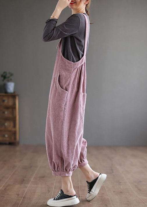 Women Pink Oversized Solid Color Corduroy Jumpsuits Fall