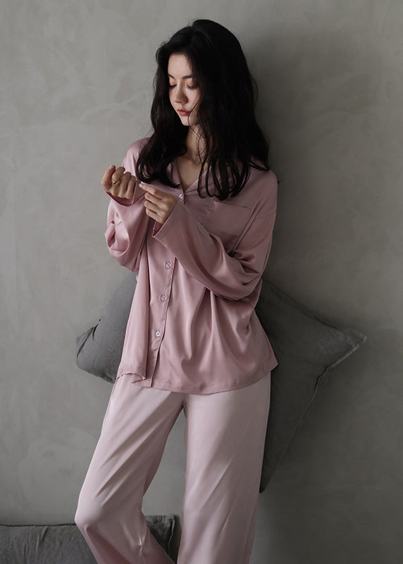 Women Pink Peter Pan Collar Button Cozy Ice Silk Pajamas Two Piece Set Long Sleeve