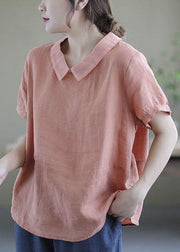 Women Pink Peter Pan Collar Patchwork Summer Ramie Shirts Short Sleeve - bagstylebliss