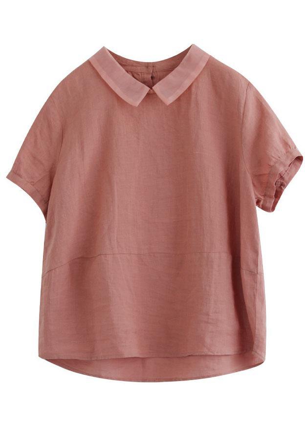 Women Pink Peter Pan Collar Patchwork Summer Ramie Shirts Short Sleeve - bagstylebliss