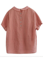 Women Pink Peter Pan Collar Patchwork Summer Ramie Shirts Short Sleeve - bagstylebliss