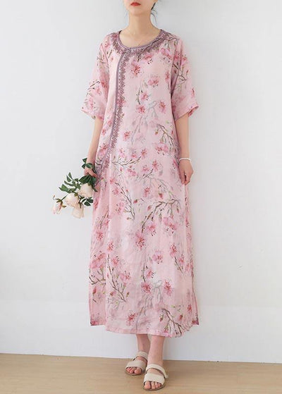 Women Pink Print Embroidery Oriental Summer Linen Dress - bagstylebliss