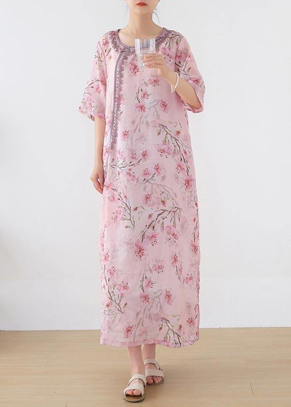 Women Pink Print Embroidery Oriental Summer Linen Dress - bagstylebliss