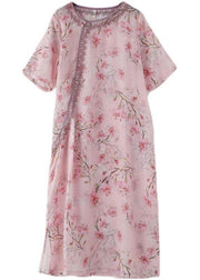 Women Pink Print Embroidery Oriental Summer Linen Dress - bagstylebliss