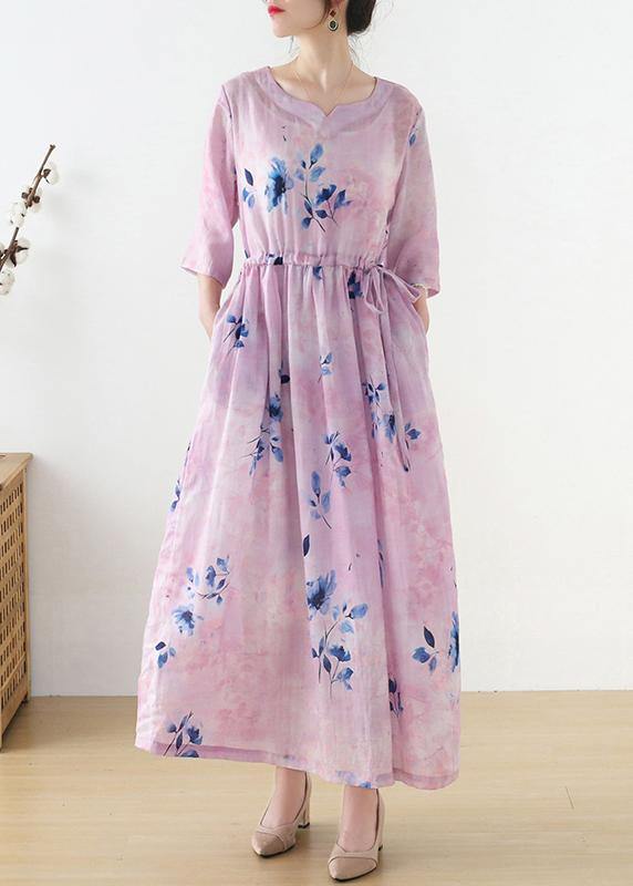 Women Pink Print Tie Waist Maxi Dresses Summer Ramie - bagstylebliss