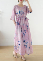 Women Pink Print Tie Waist Maxi Dresses Summer Ramie - bagstylebliss