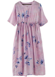Women Pink Print Tie Waist Maxi Dresses Summer Ramie - bagstylebliss