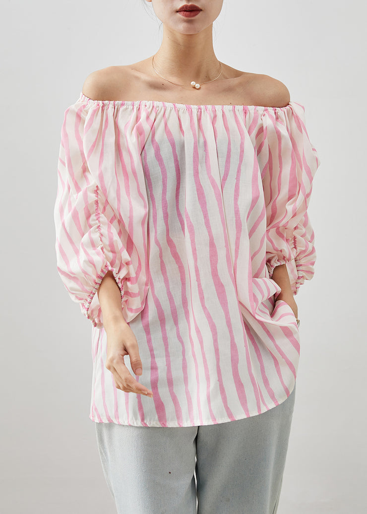 Women Pink Slash Neck Striped Cotton Shirt Puff Sleeve