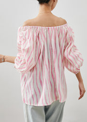 Women Pink Slash Neck Striped Cotton Shirt Puff Sleeve