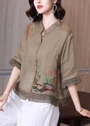 Women Pink Stand Collar Embroidered Floral Button Linen Shirt Half Sleeve