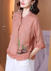 Women Pink Stand Collar Embroidered Floral Button Linen Shirt Half Sleeve