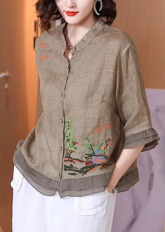 Women Pink Stand Collar Embroidered Floral Button Linen Shirt Half Sleeve