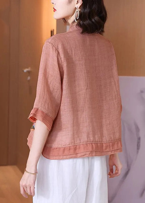 Women Pink Stand Collar Embroidered Floral Button Linen Shirt Half Sleeve