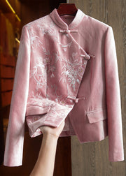 Women Pink Stand Collar Embroidered Sequins Patchwork Cotton Coat Fall