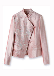 Women Pink Stand Collar Embroidered Sequins Patchwork Cotton Coat Fall