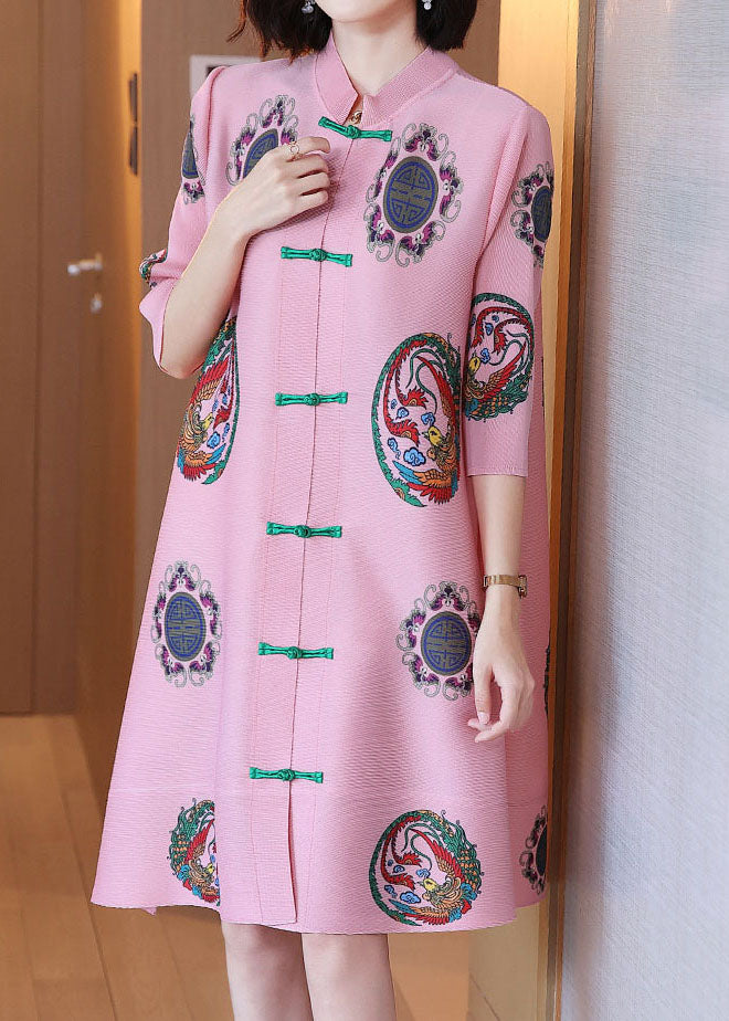 Women Pink Stand Collar Print Chiffon A Line Dress Half Sleeve