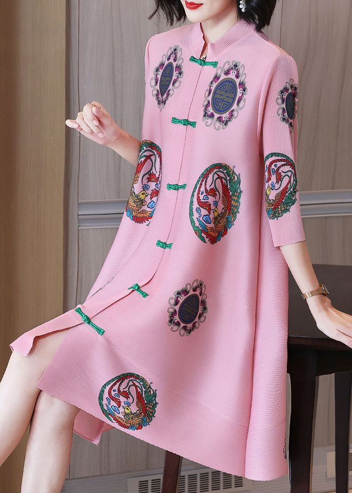 Women Pink Stand Collar Print Chiffon A Line Dress Half Sleeve