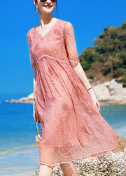 Women Pink V Neck Embroideried Wrinkled Silk Mid Dress Short Sleeve