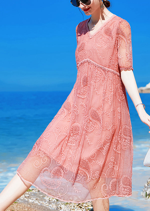 Women Pink V Neck Embroideried Wrinkled Silk Mid Dress Short Sleeve