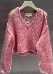 Women Pink V Neck Hollow Out Cotton Knit Sweaters Fall