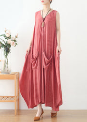 Women Pink V Neck Striped Pockets Linen Vacation Dresses Sleeveless