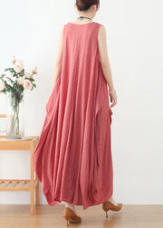 Women Pink V Neck Striped Pockets Linen Vacation Dresses Sleeveless