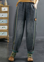 Women Plus Size Blue Pockets Patchwork Denim Pants Fall