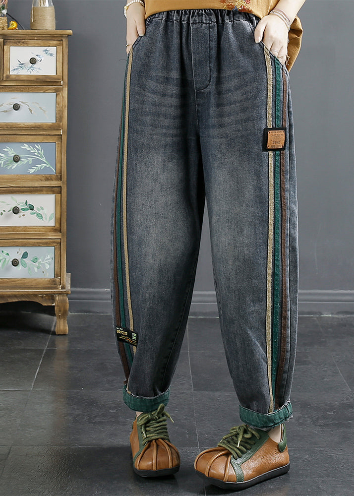 Women Plus Size Blue Pockets Patchwork Denim Pants Fall