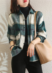 Women Plus Size Green Plaid Peter Pan Collar Cotton Shirt Tops Fall