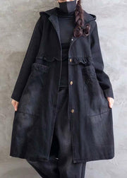 Women Plus Size Overcoat Denim Black Hooded Ruffles Outwear - bagstylebliss