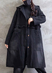Women Plus Size Overcoat Denim Black Hooded Ruffles Outwear - bagstylebliss