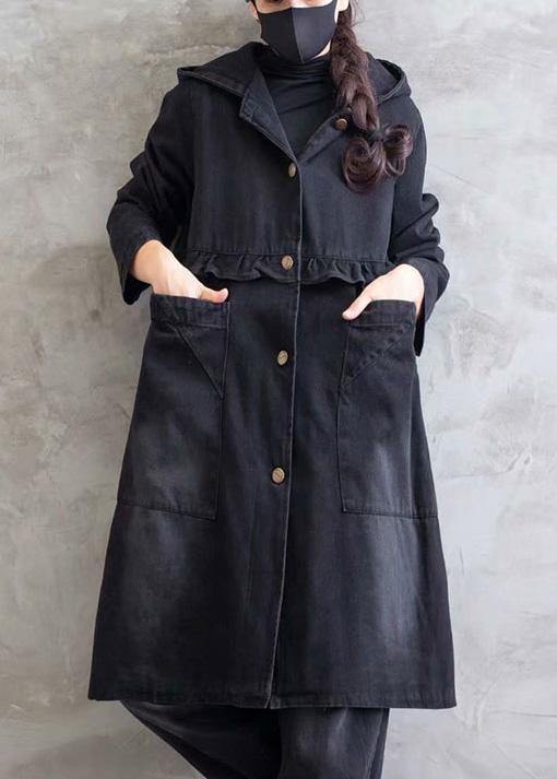 Women Plus Size Overcoat Denim Black Hooded Ruffles Outwear - bagstylebliss