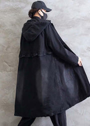 Women Plus Size Overcoat Denim Black Hooded Ruffles Outwear - bagstylebliss