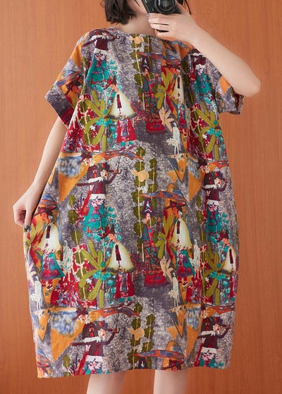 Women Print O-Neck Cotton Linen Party Dress Summer - bagstylebliss