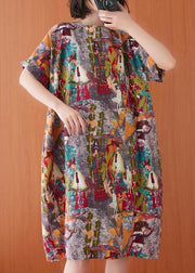 Women Print O-Neck Cotton Linen Party Dress Summer - bagstylebliss