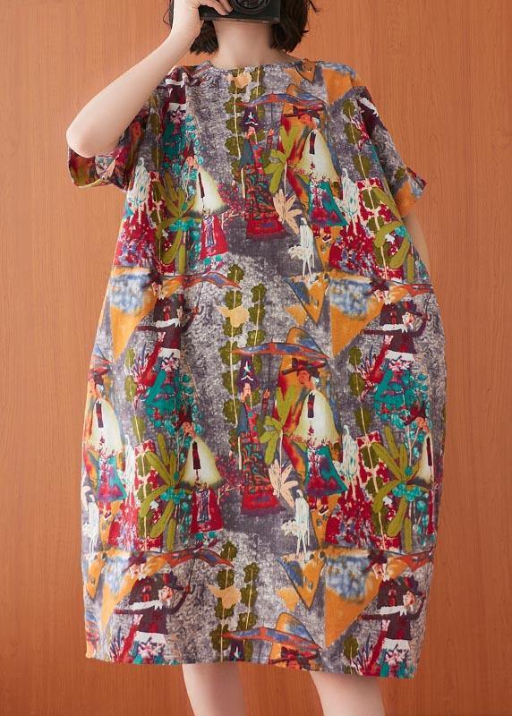 Women Print O-Neck Cotton Linen Party Dress Summer - bagstylebliss