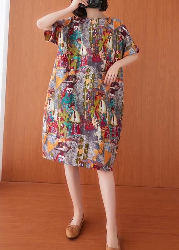 Women Print O-Neck Cotton Linen Party Dress Summer - bagstylebliss