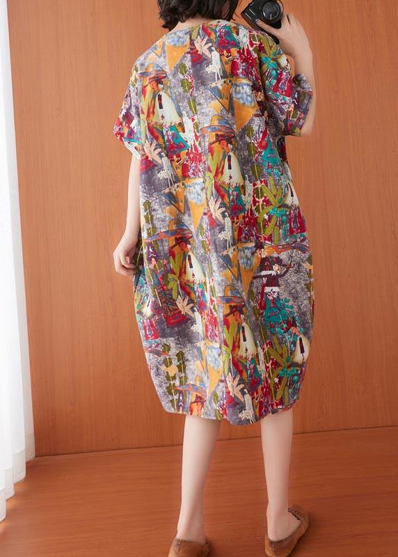 Women Print O-Neck Cotton Linen Party Dress Summer - bagstylebliss