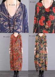 Women Print V Neck Patchwork Cotton Long Dress Fall