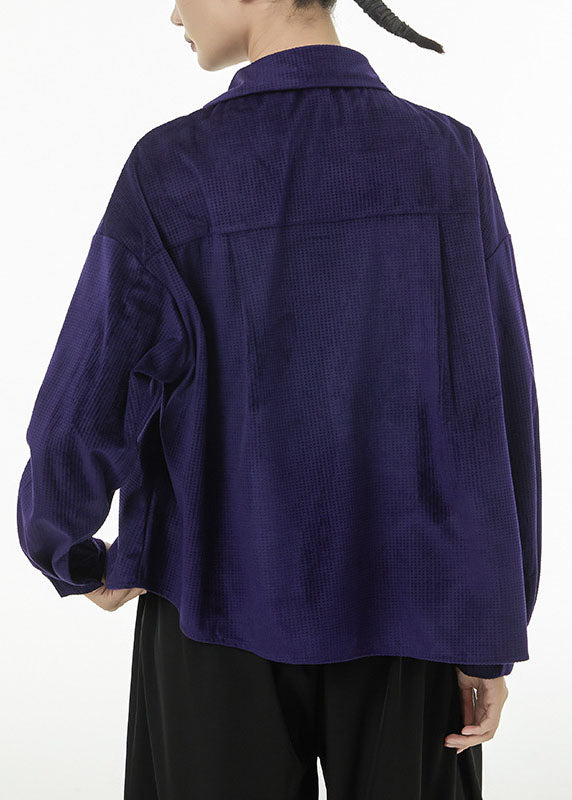 Women Purple Asymmetrical Design Silk Velour Shirt Top Spring