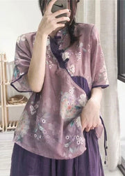 Women Purple Button Print Shirt Tops Half Sleeve