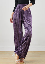 Women Purple Elastic Waist Silk Velvet Straight Pants Spring