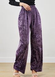 Women Purple Elastic Waist Silk Velvet Straight Pants Spring