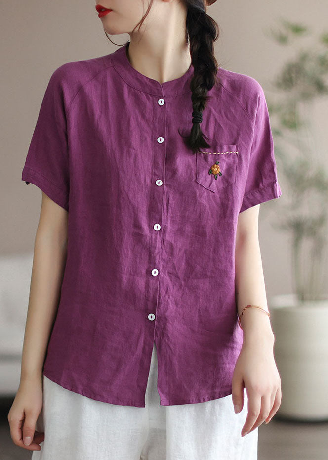 Women Purple Embroideried Pocket Linen Shirt Top Short Sleeve