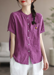 Women Purple Embroideried Pocket Linen Shirt Top Short Sleeve