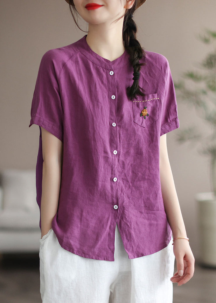 Women Purple Embroideried Pocket Linen Shirt Top Short Sleeve