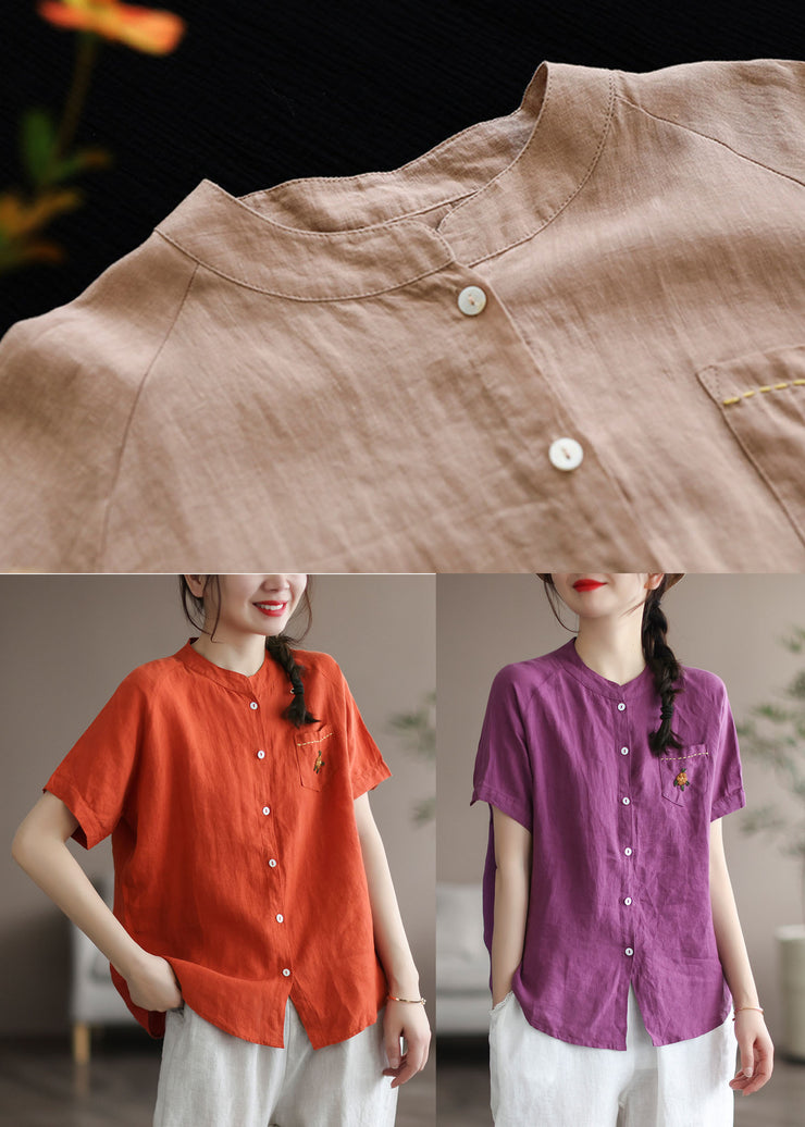 Women Purple Embroideried Pocket Linen Shirt Top Short Sleeve