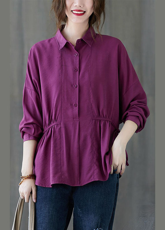 Women Purple Loose Button tie waist Fall Shirt Long sleeve