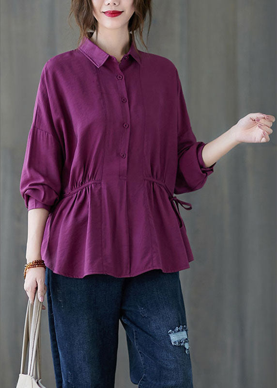 Women Purple Loose Button tie waist Fall Shirt Long sleeve